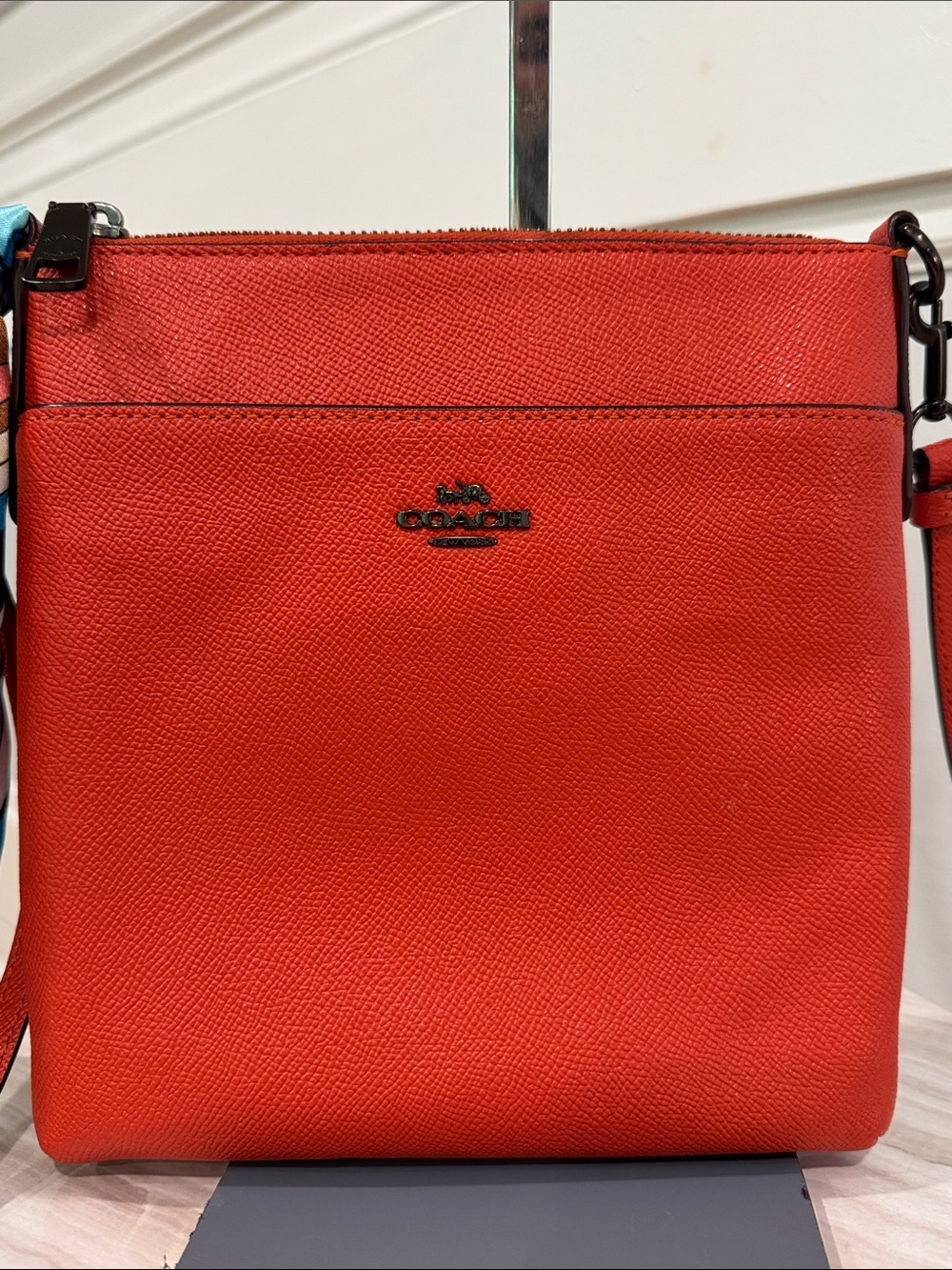 Coach Bag Kitt Orange Rusted Red Leather Crossbody with Patterned Scarf - Picture 5 of 17